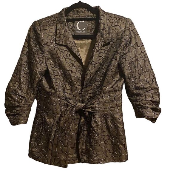 Credibility by Sheri Drobnick Wms Sz 8 Olive Green Black Grey Detail Tie Blazer - Picture 1 of 5